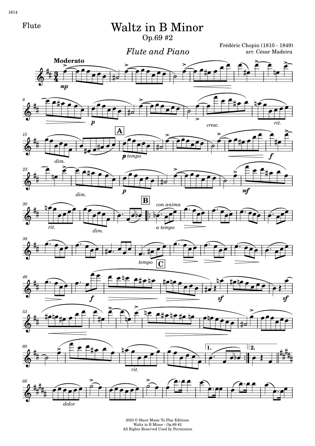 Waltz Op.69 No.2 in B Minor by Chopin - Flute and Piano (Individual Parts) (arr. César Madeira)