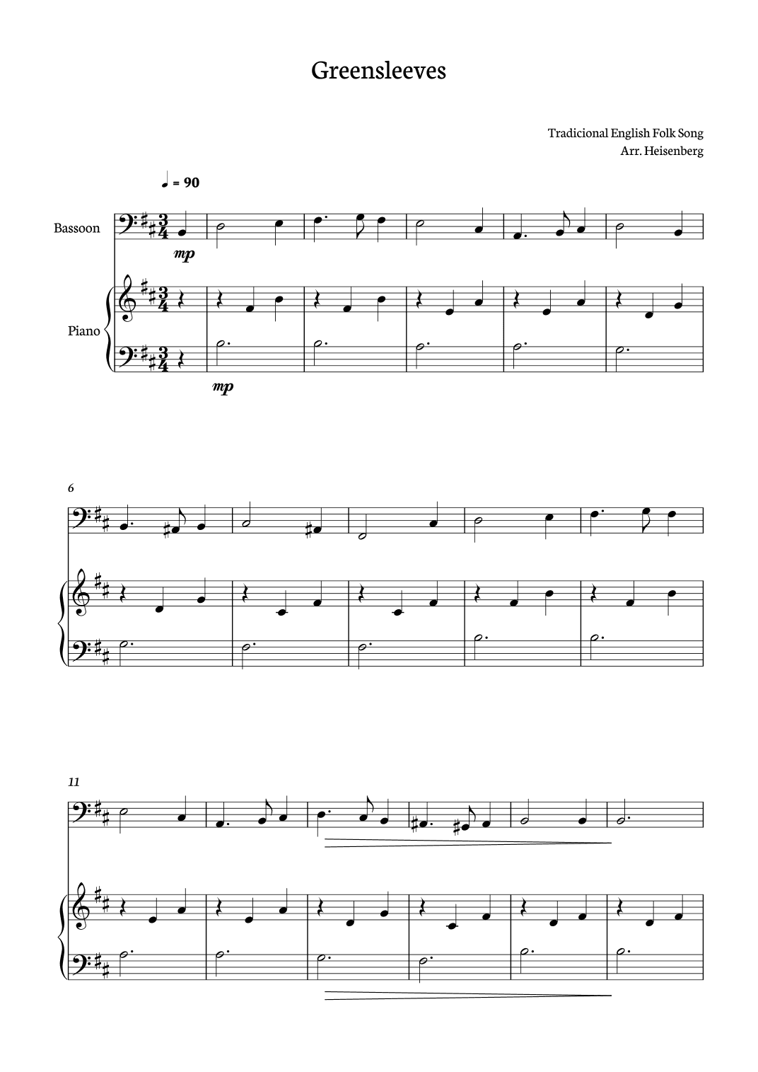 Greensleeves for Bassoon with piano accompaniment (arr. Heisenberg)