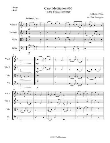"In the Bleak Midwinter" from 12 CAROL MEDITATIONS for String Quartet (arr. Paul Ferington)