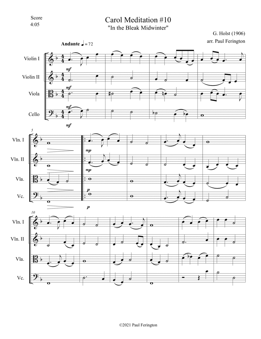 "In the Bleak Midwinter" from 12 CAROL MEDITATIONS for String Quartet (arr. Paul Ferington)