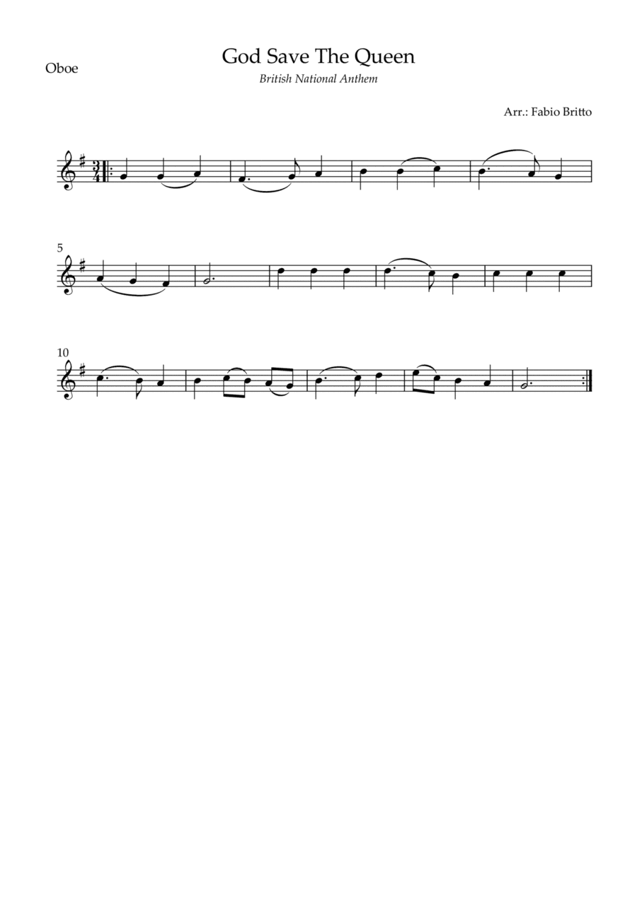 God Save The Queen (British National Anthem) for Oboe Solo (arr. Fabio Britto)