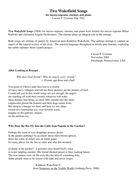 Carson Cooman: Two Wakefield Songs (2004) for mezzo-soprano, Bb or A clarinet, and piano