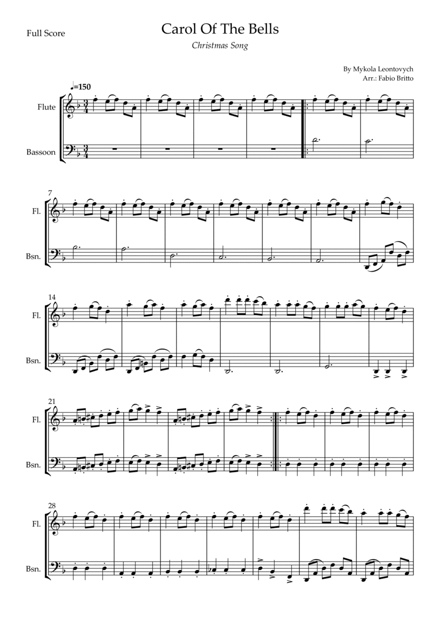 Carol Of The Bells (Christmas Song) for Flute & Bassoon  Duo (D Minor) (arr. Fabio Britto)