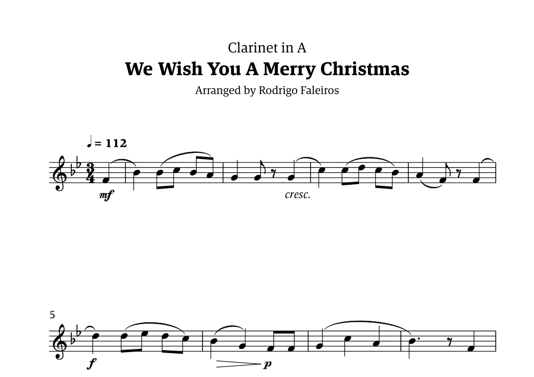 We Wish You a Merry Christmas (for solo clarinet in A) (arr. Rodrigo Faleiros)