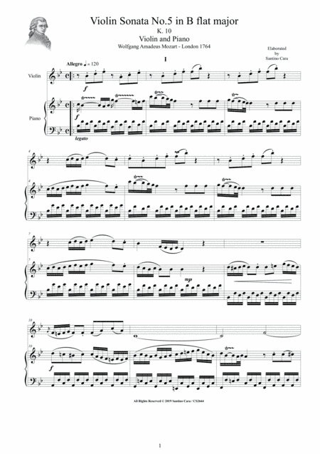 Mozart - Violin Sonata No.5 in B flat K 10 for Violin and Piano - Score and Part (arr. Santino Cara)