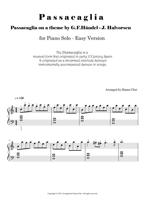 Passacaglia by Händel - Halvorsen [for Piano Solo] (arr. Hanna Choi)