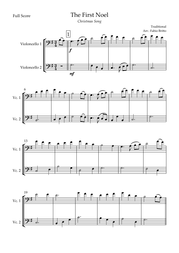The First Noel (Christmas Song) for Cello Duo (arr. Fabio Britto)