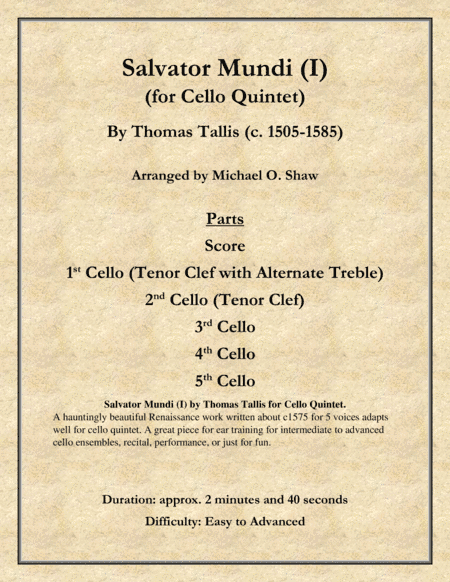 Salvator Mundi by Thomas Tallis for Cello Quintet (arr. Michael O. Shaw)