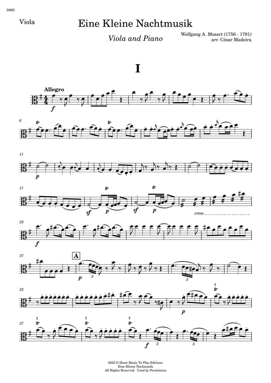 Eine Kleine Nachtmusik (1 mov.) - Viola and Piano (Individual Parts) (arr. César Madeira)