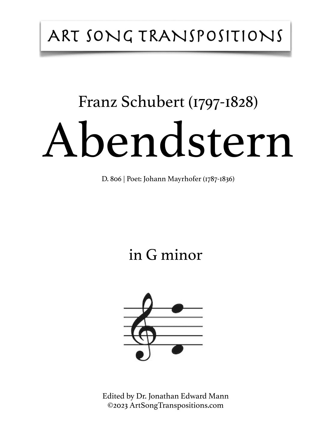 SCHUBERT: Abendstern, D. 806 (transposed to G minor) (arr. ArtSongTranspositions.com)