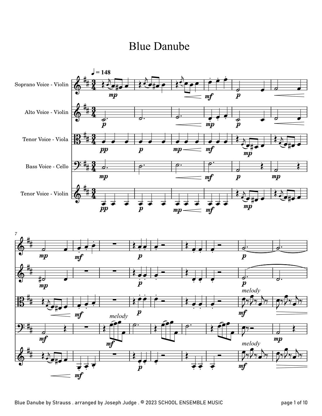 Blue Danube by Strauss for String Quartet in Schools (arr. Joseph Judge)
