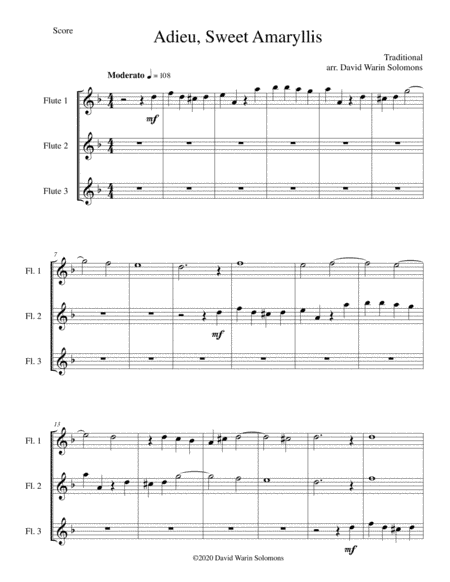Adieu, sweet Amaryllis for 3 flutes (arr. David Warin Solomons)