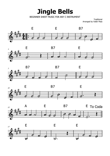 Jingle Bells - E Major (with note names) (arr. Valdir Maia)