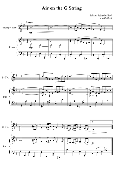 Air on the G String for trumpet in Bb and piano (arr. Passoni Music)