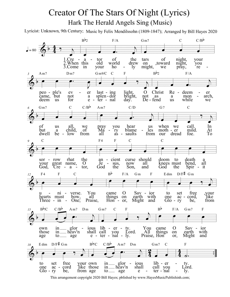 Creator Of The Stars Of Night lyrics with Hark The Herald music (arr. Bill Hayes)