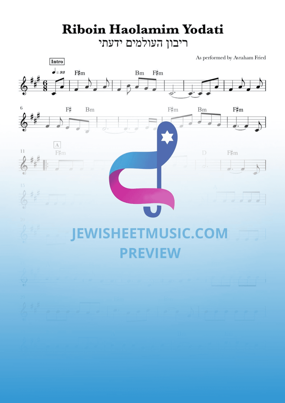 Riboin Haolamim Yodati By Avraham Fried. Lead sheet with chords (arr. R. Sloboder)