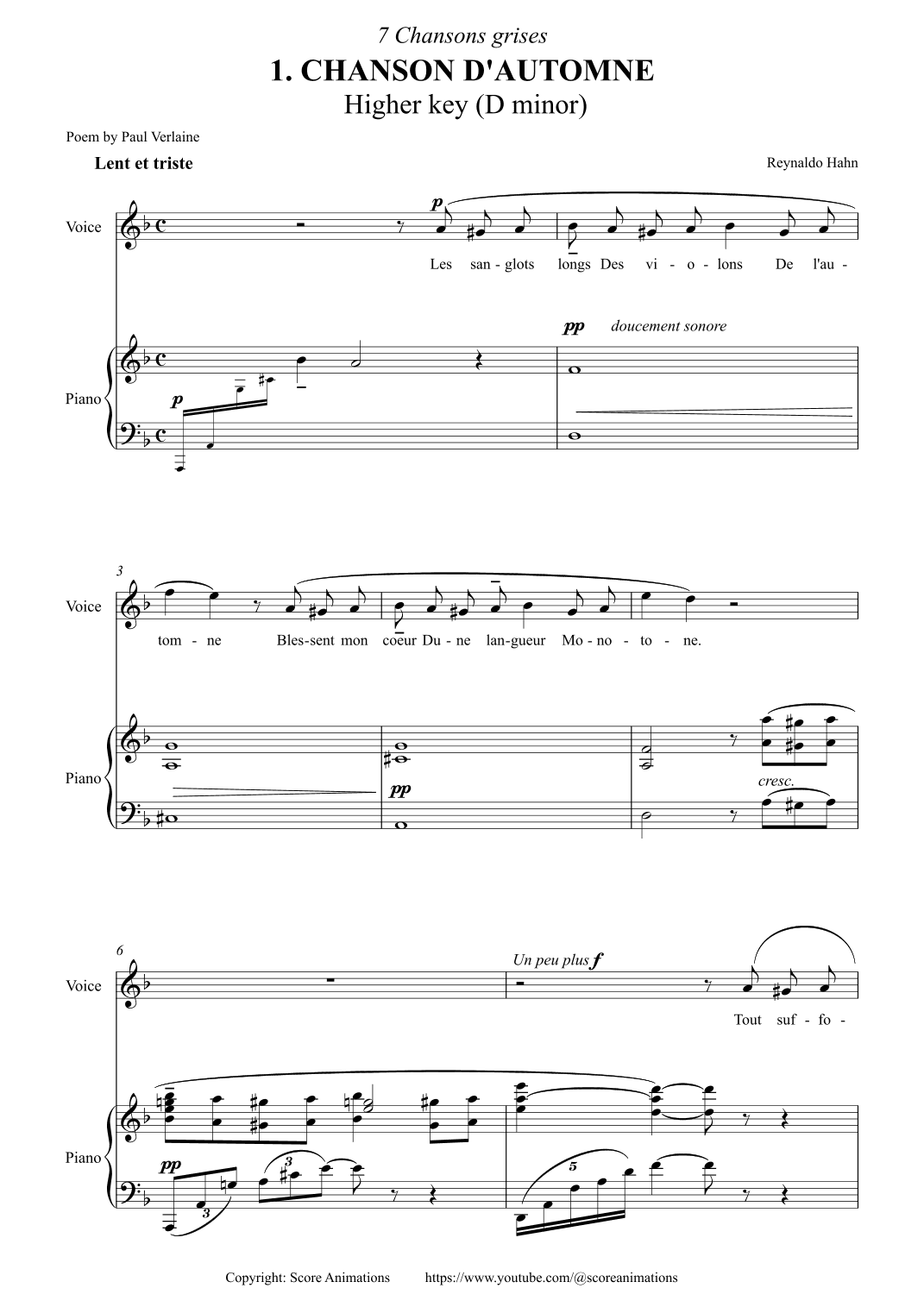 HAHN: "Chanson d'automne" Higher key (D minor) (arr. Score Animations)