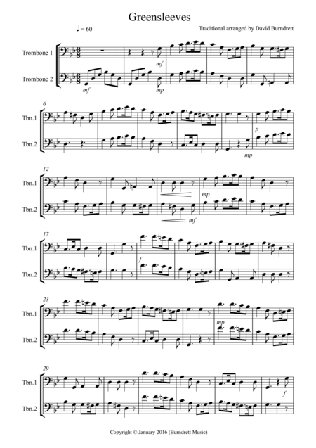 Greensleeves for Trombone Duet (arr. David Burndrett)