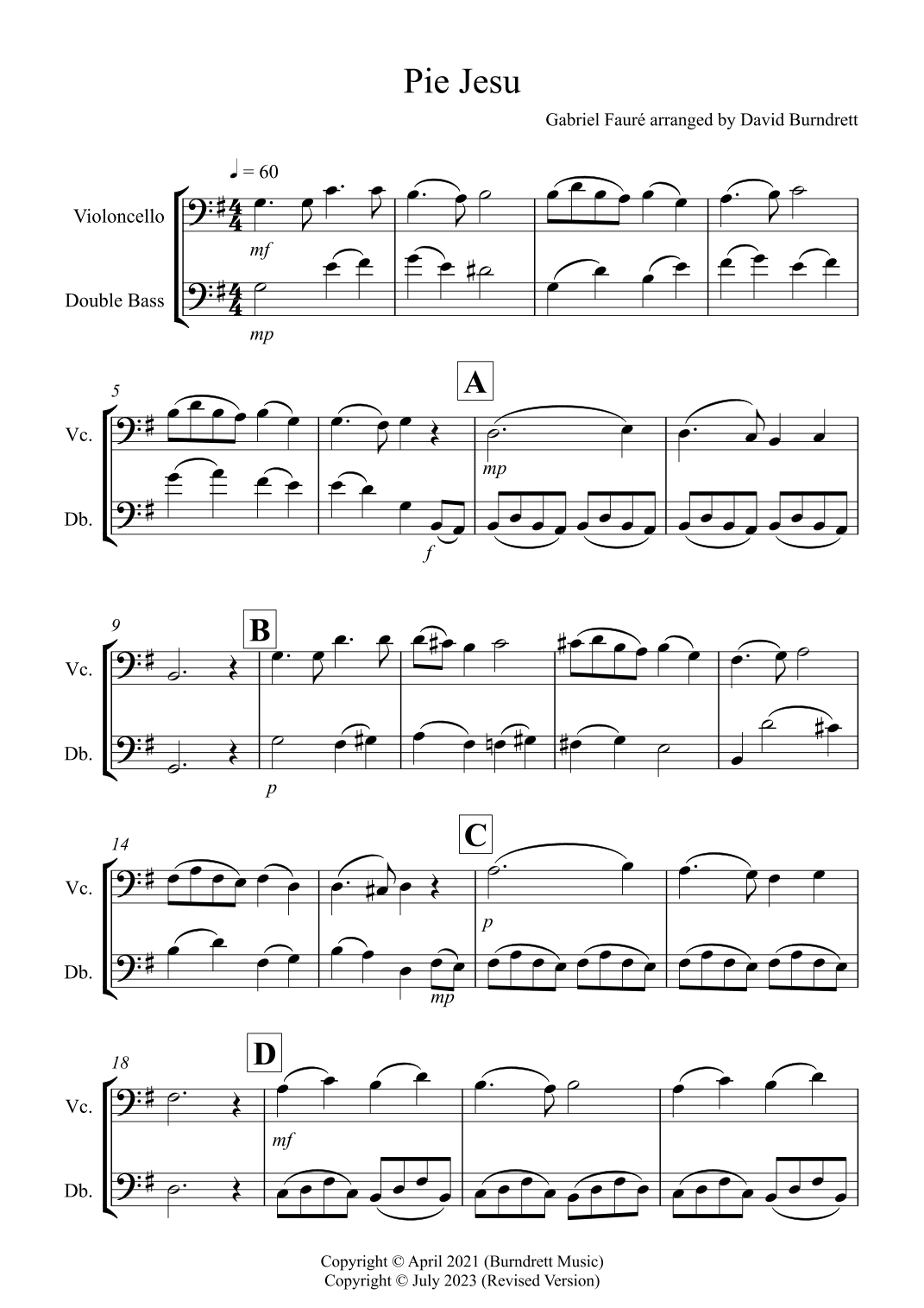 Pie Jesu (from Requiem) for Cello and Double Bass Duet (arr. David Burndrett)