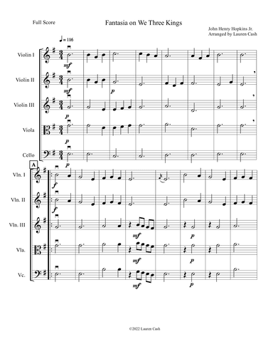 Fantasia on We Three Kings for flexible String/Violin Quartet or String Orchestra (arr. Lauren Cash)