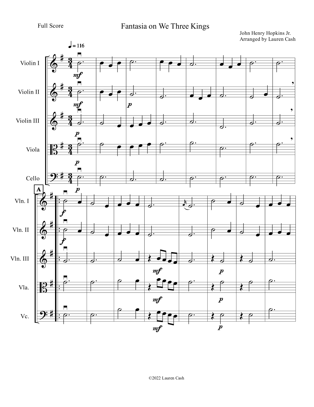 Fantasia on We Three Kings for flexible String/Violin Quartet or String Orchestra (arr. Lauren Cash)