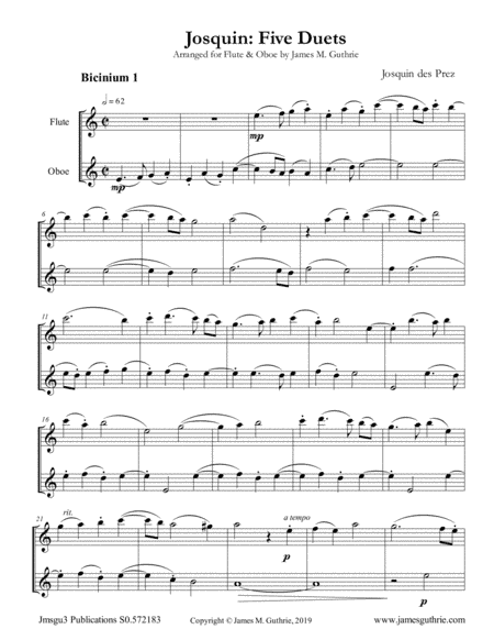 Josquin: Five Duets for Flute & Oboe (arr. James M. Guthrie, ASCAP)