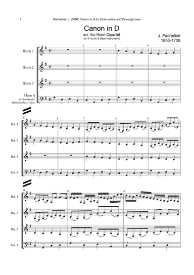 J. Pachelbel - Canon in D-dur, arr. for Horn Quartet (or 3 Horns & Bass Instrument) (arr. Xlomeg)
