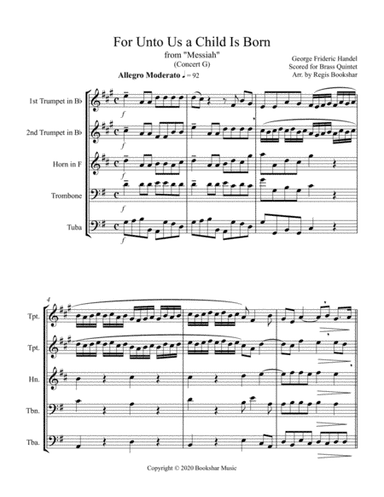 For Unto Us a Child is Born (from "Messiah") (G) (Brass Quintet - 2 Trp, 1 Hrn, 1 Trb, 1 Tuba) (arr. Regis Bookshar)