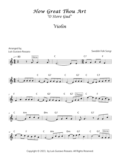How Great Thou Art (O Store Gud) - Violin and piano- Key of C (arr. Luís Gustavo Rossato)