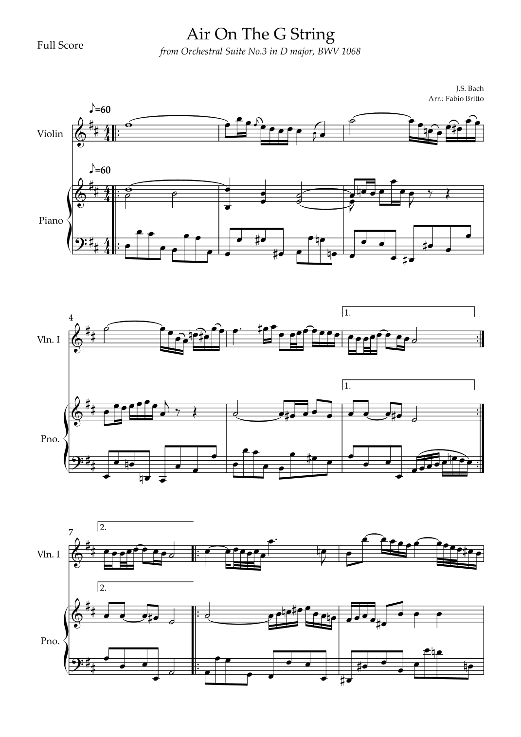 Air On The G String (J.S. Bach) for Violin Solo and Piano Accompaniment (arr. Fabio Britto)