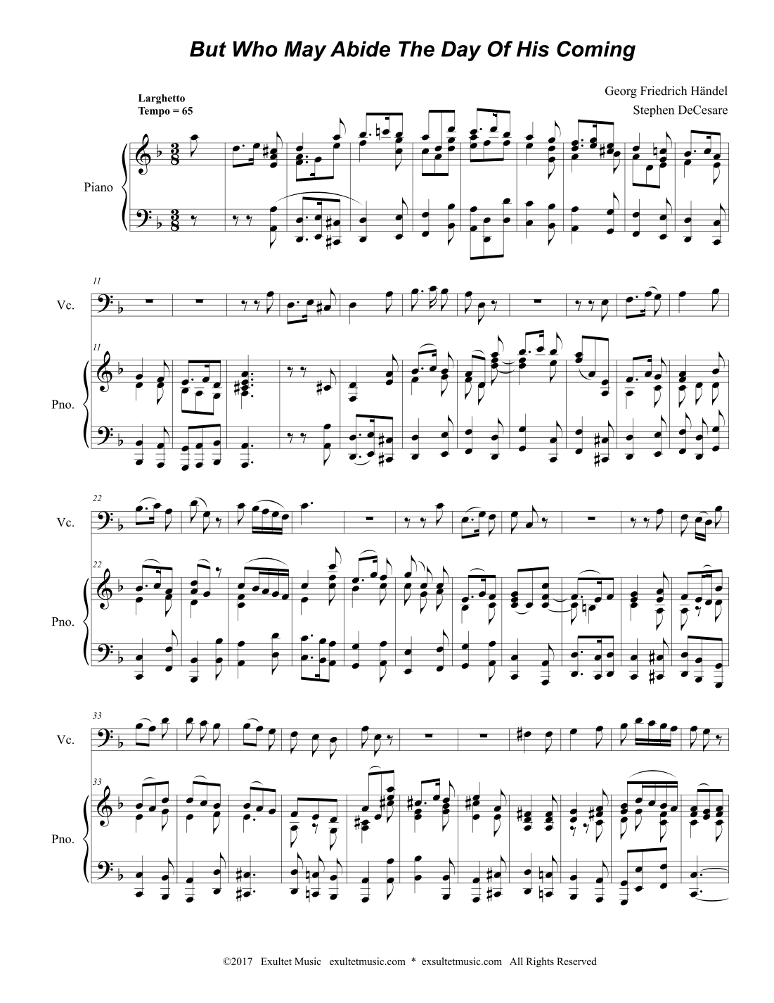 But Who May Abide The Day Of His Coming (Cello solo and Piano) (arr. Stephen DeCesare)