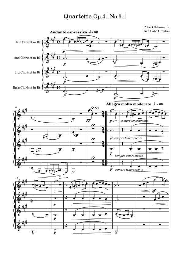 R.Schumann: Quartet Op.41 No.3 for 3 Clarinets and Bass Clarinet (arr. Saho Omukai)