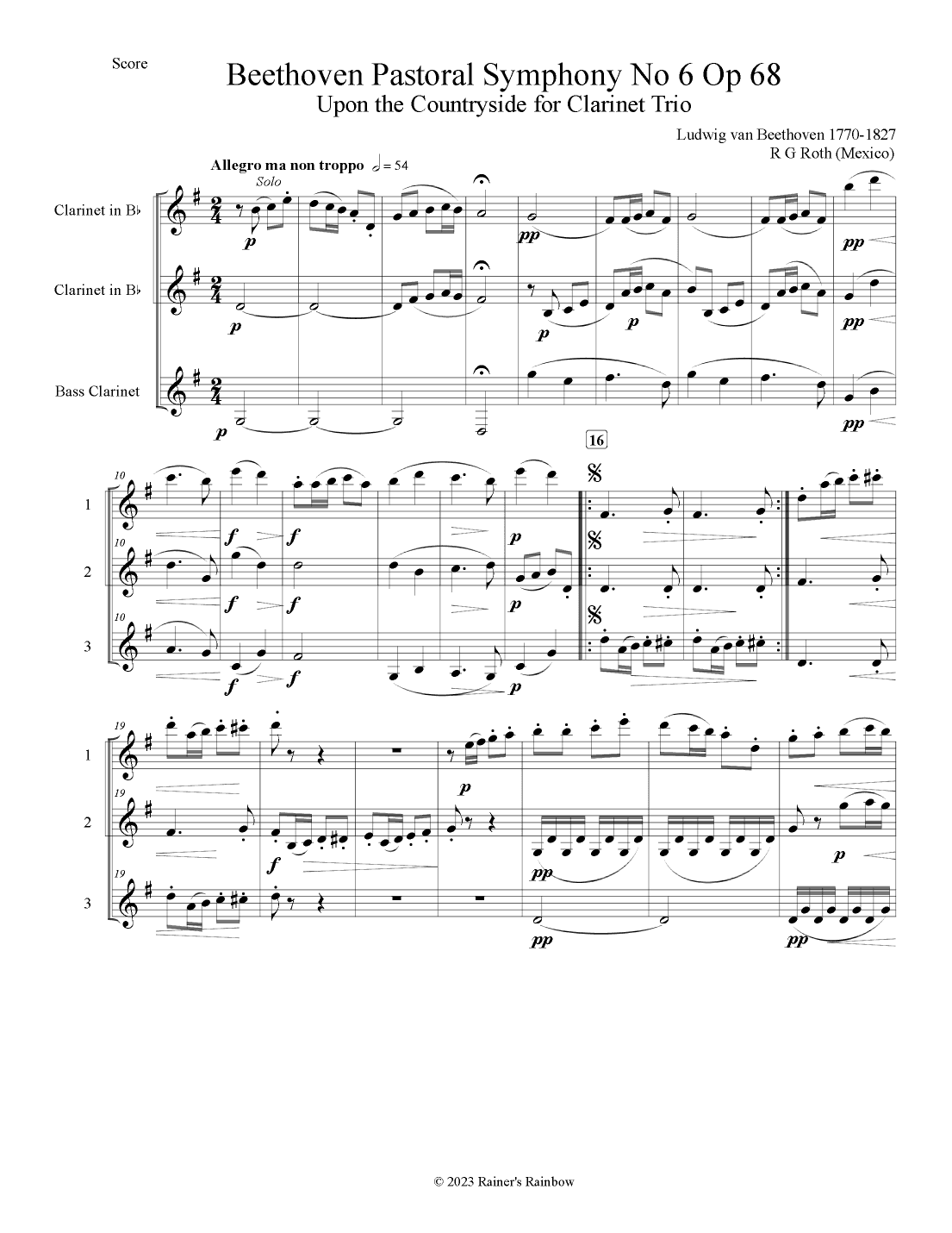 Beethoven Pastoral Symphony No 6 The Countryside for Clarinet Trio (arr. R G Roth)