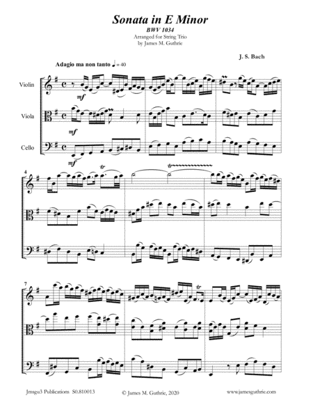 BACH: Sonata BWV 1034 for String Trio (arr. James Guthrie, ASCAP)