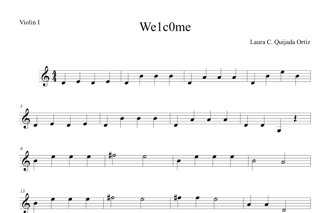 We1c0me. Beginning string orchestra. Open strings and first finger. VIOLIN I/II PART.