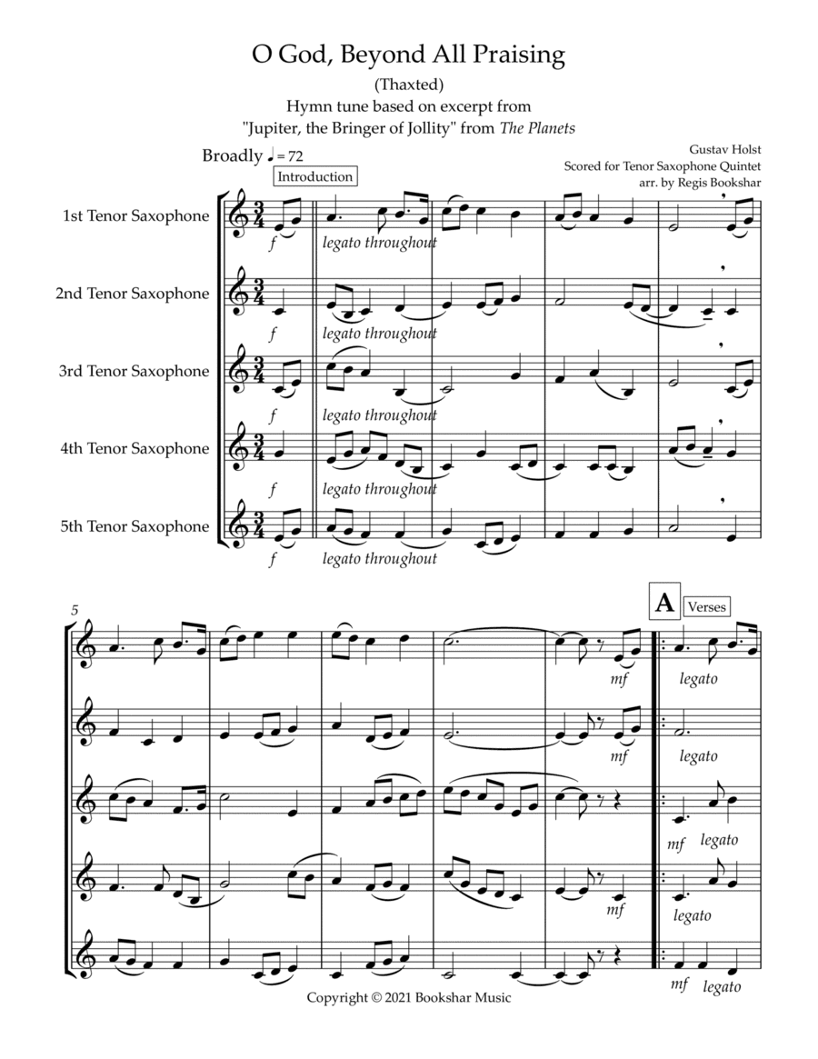 O God, Beyond All Praising (Thaxted) (Bb) (Tenor Saxophone Quintet) (arr. Regis Bookshar)