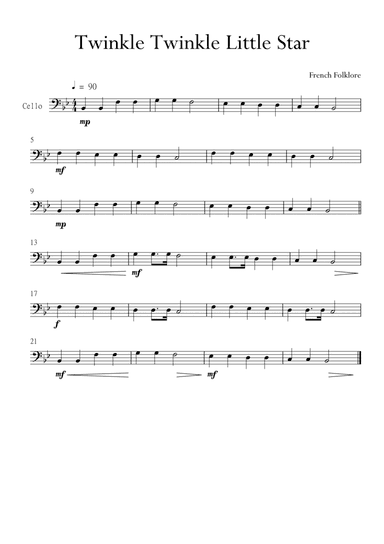 Twinkle Twinkle Little Star for Cello (Violoncello) in Bb Major. Very Easy. (arr. Matheus Araújo)