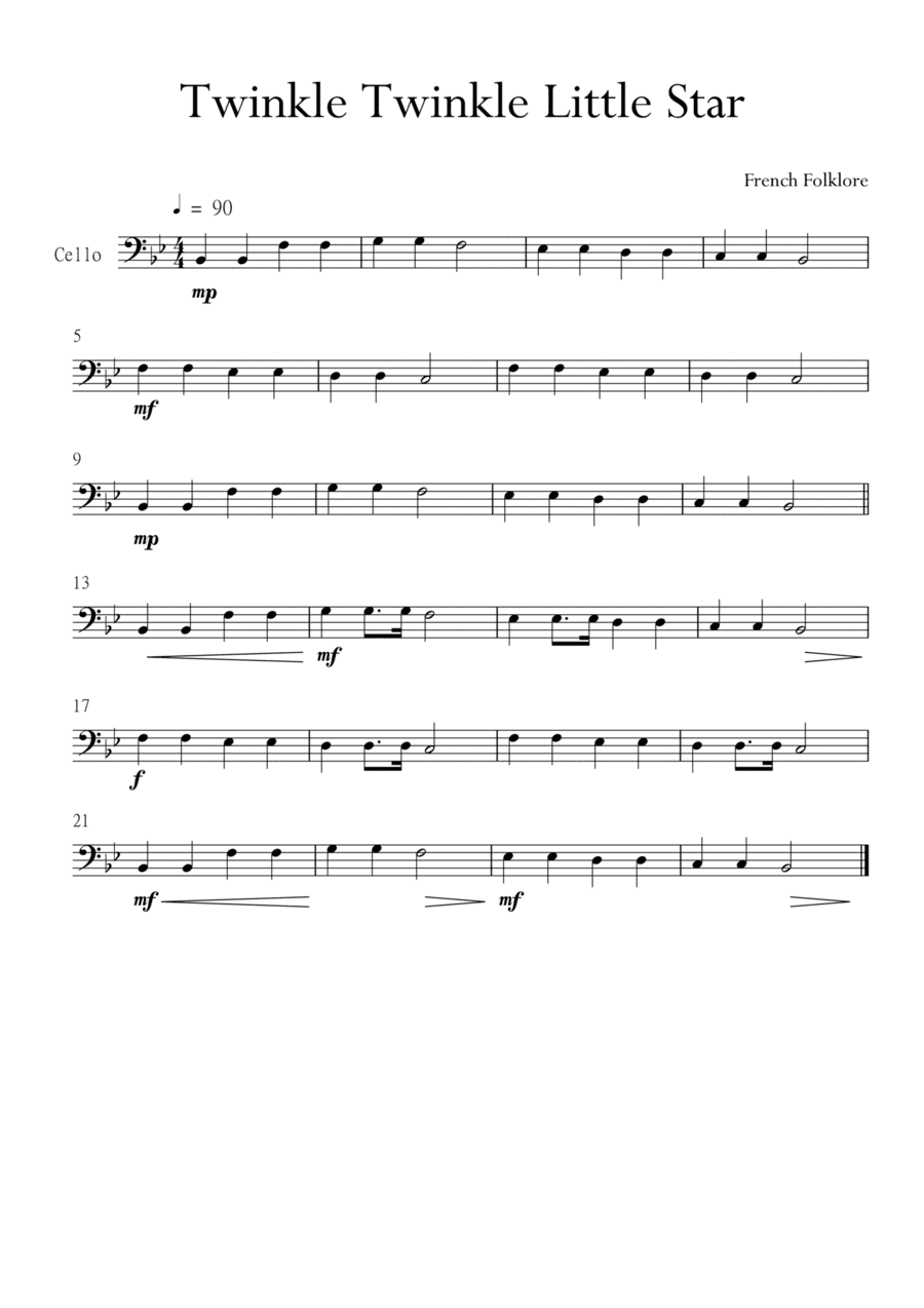 Twinkle Twinkle Little Star for Cello (Violoncello) in Bb Major. Very Easy. (arr. Matheus Araújo)