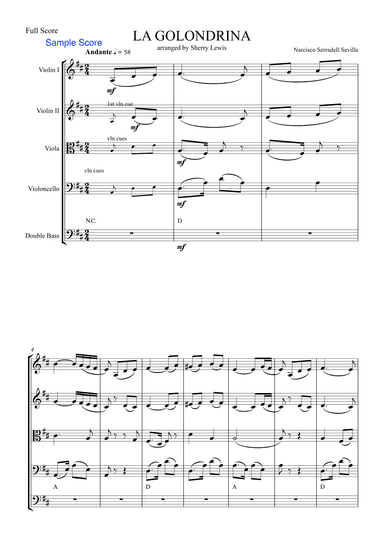 LA GOLONDRINA,Sevilla, String Orchestra, Intermediate Level for 2 violins, viola, cello and string b (arr. Sherry Lewis)
