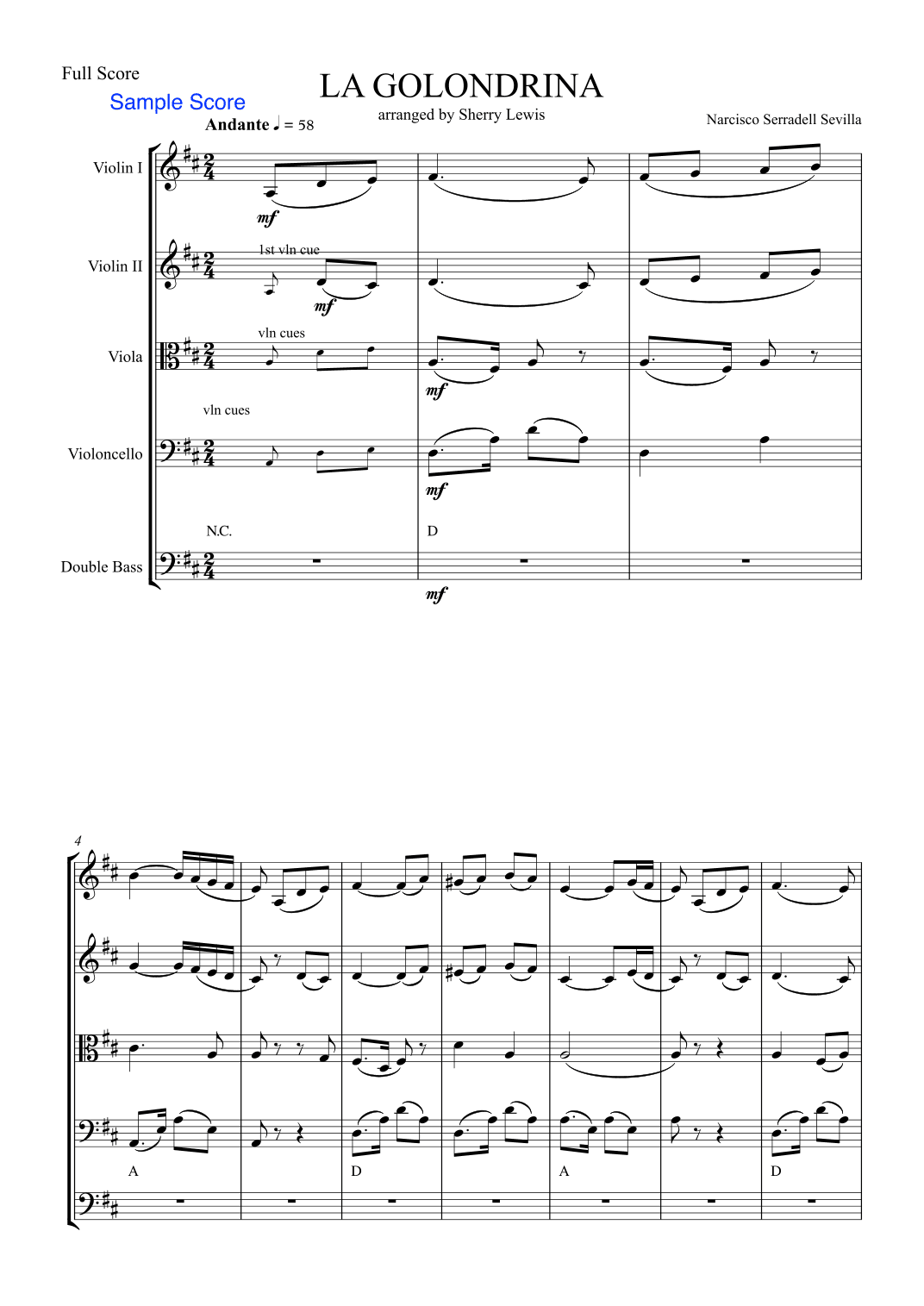 LA GOLONDRINA,Sevilla, String Orchestra, Intermediate Level for 2 violins, viola, cello and string b (arr. Sherry Lewis)