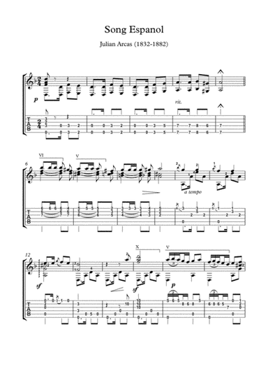 A Spanish  classical guitar solo with tablature (arr. PianoSheetNow)