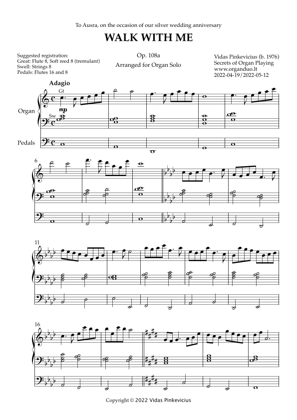Walk With Me, Op. 108a (Organ Solo) by Vidas Pinkevicius (2022)