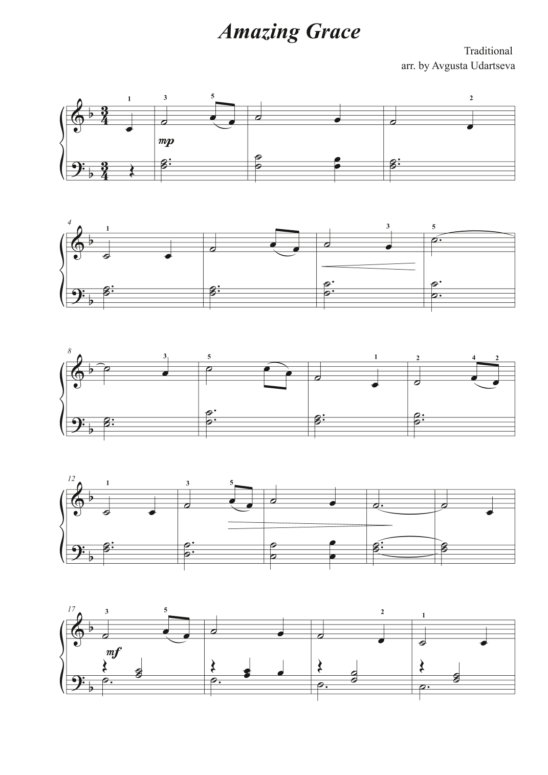 Amazing Grace Easy for piano (arr. Avgusta Udartseva)