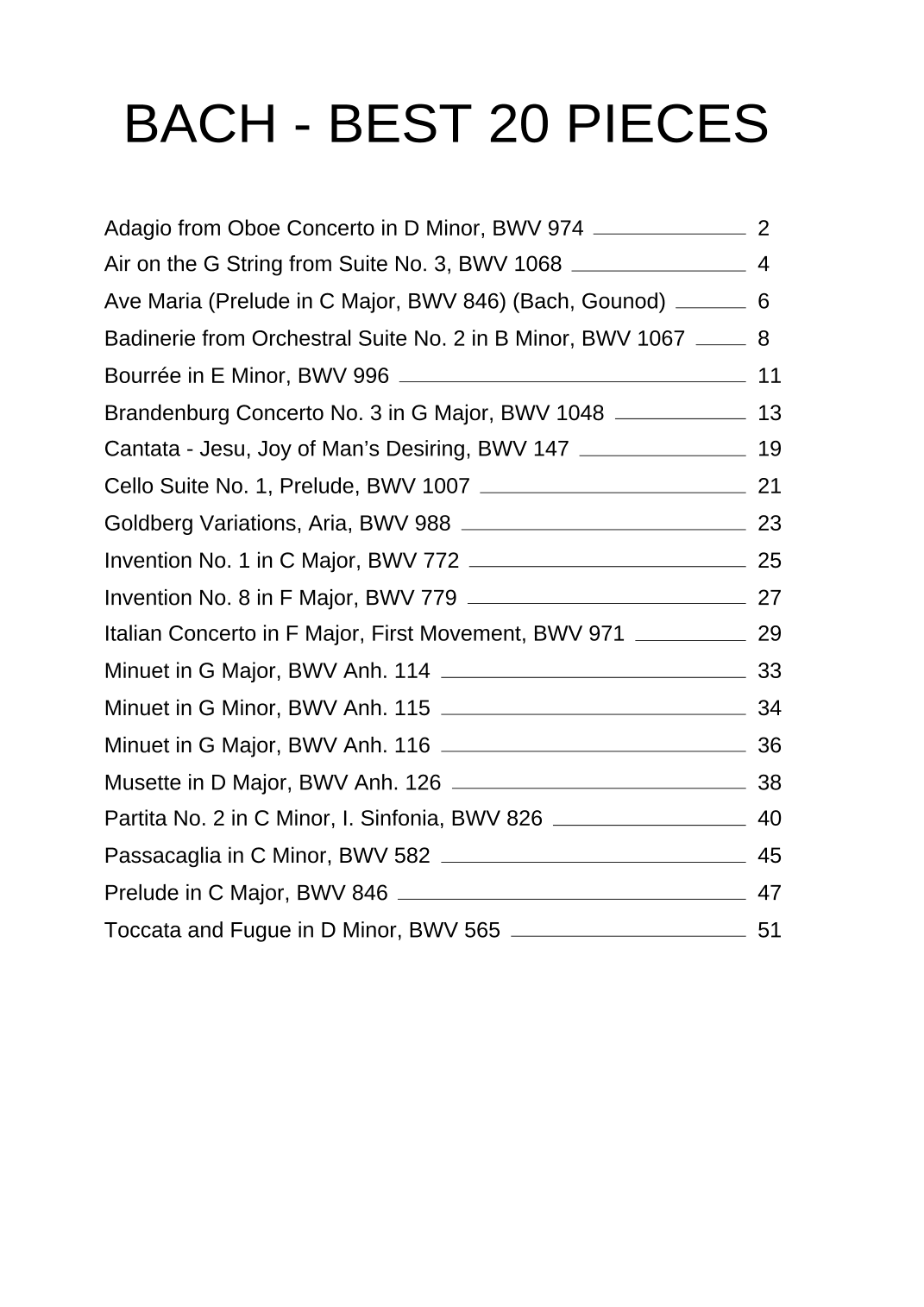 BEST OF BACH (20 TUNES) - Sheet Music Collection [EASY PIANO] (arr. Darek)