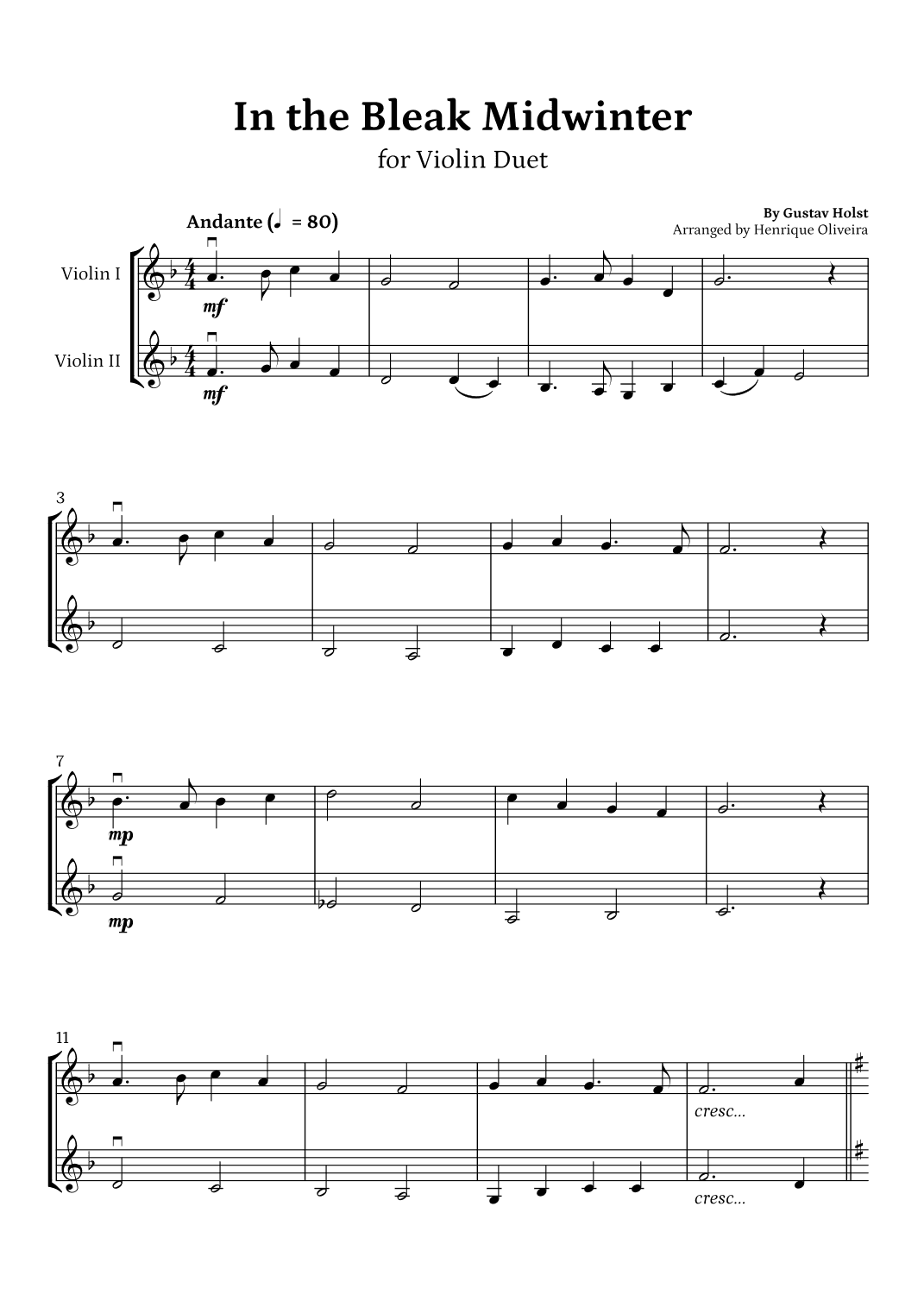 In the Bleak Midwinter (Violin Duet) - Beginner Level (arr. Henrique Oliveira)