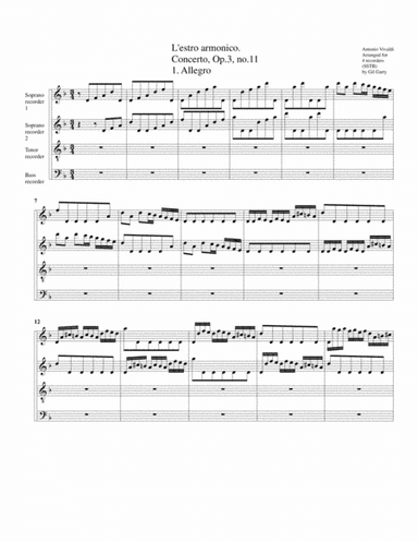 Concerto grosso, Op.3, no.11 (arrangement for 4 recorders) (arr. Gil Garty)