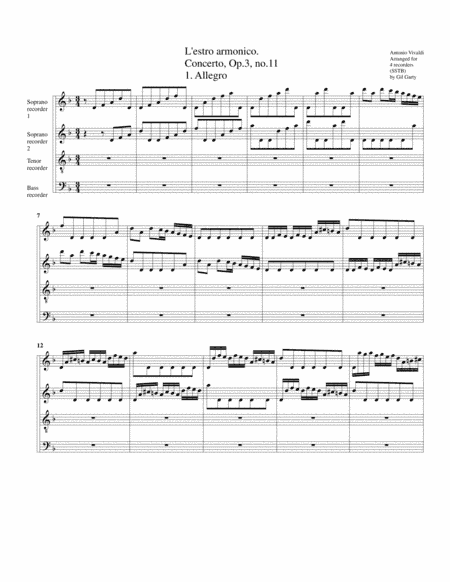 Concerto grosso, Op.3, no.11 (arrangement for 4 recorders) (arr. Gil Garty)