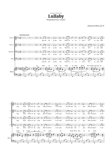 Lullaby by Brahms for TTBB Choir and Piano (arr. Langanho)