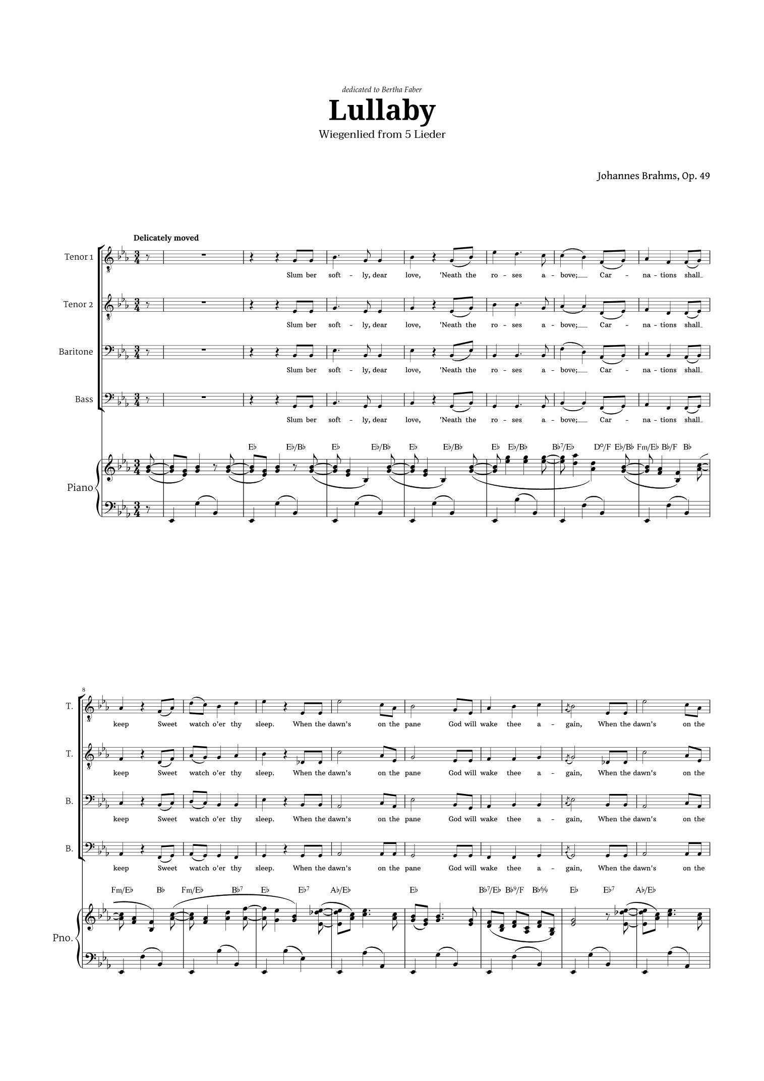 Lullaby by Brahms for TTBB Choir and Piano (arr. Langanho)