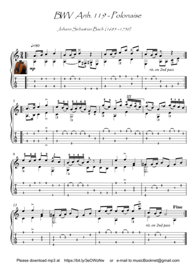 Bach for Guitar Polonaise BWV Anh119 (arr. PianoSheetNow)